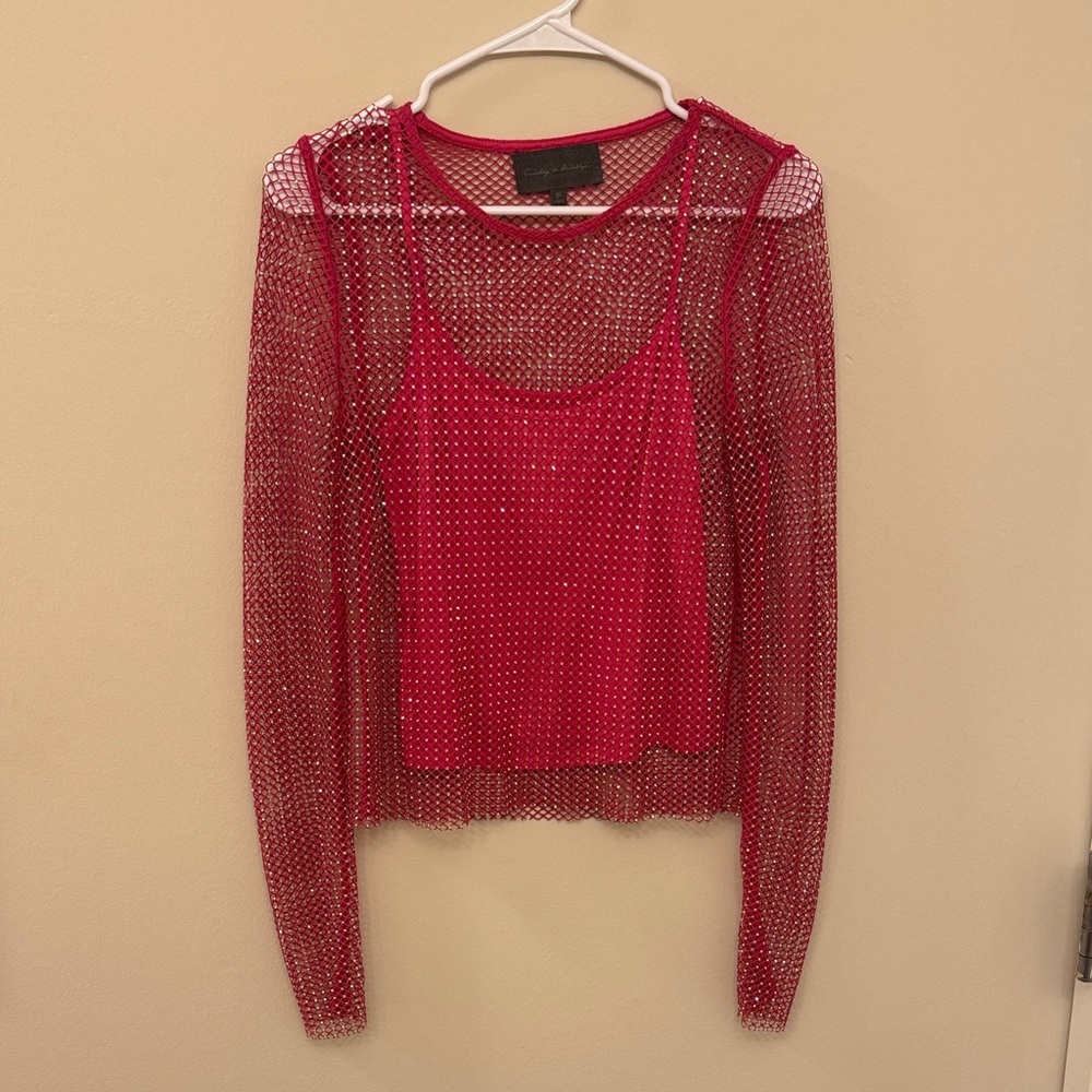 Anthropologie Hot Pink Rhinestone Mesh Women's Top